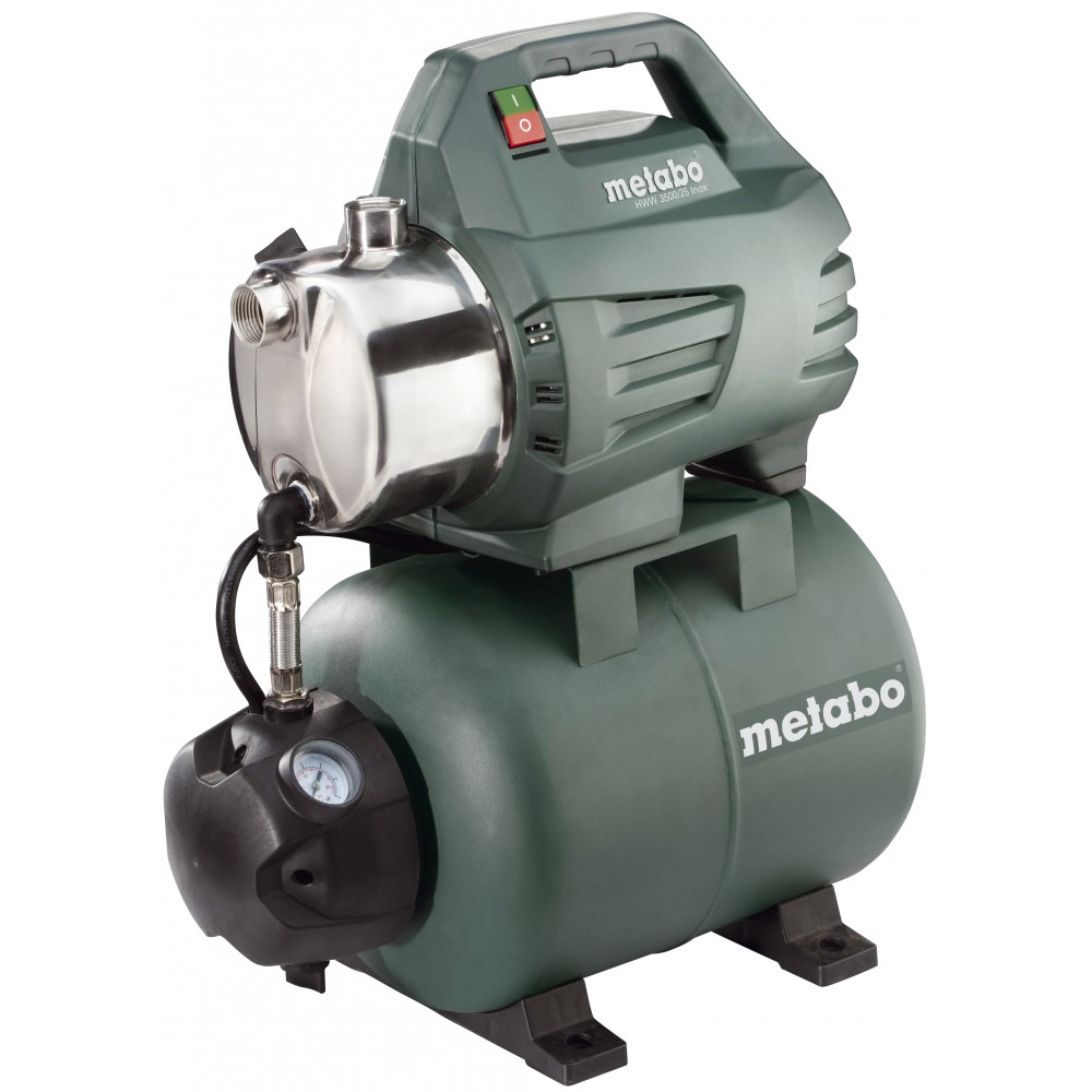 Einphasige Hauswasserwerk-Pumpe METABO HWW 3500/25 INOX, Leistung 900 W, Fördermenge 3500 l/h, Förderhöhe 45 m, Kesselvolumen 24 l | Hydrophor | Wasserpumpen |