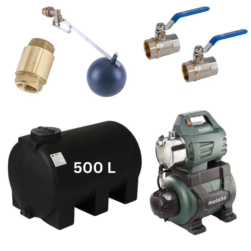 Kit „Trinkwasser 500L“ #2 mit Wassertank Mavil (schwarz, horizontal) und Hauswasserwerk Metabo | Trinkwassertanks |  |