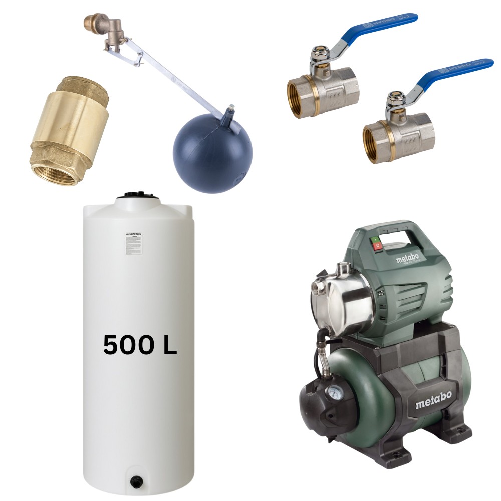 Kit „Trinkwasser 500L“ mit Wassertank Mavil (weiß, zylindrisch) und Hauswasserwerk Metabo | Trinkwassertanks |  |