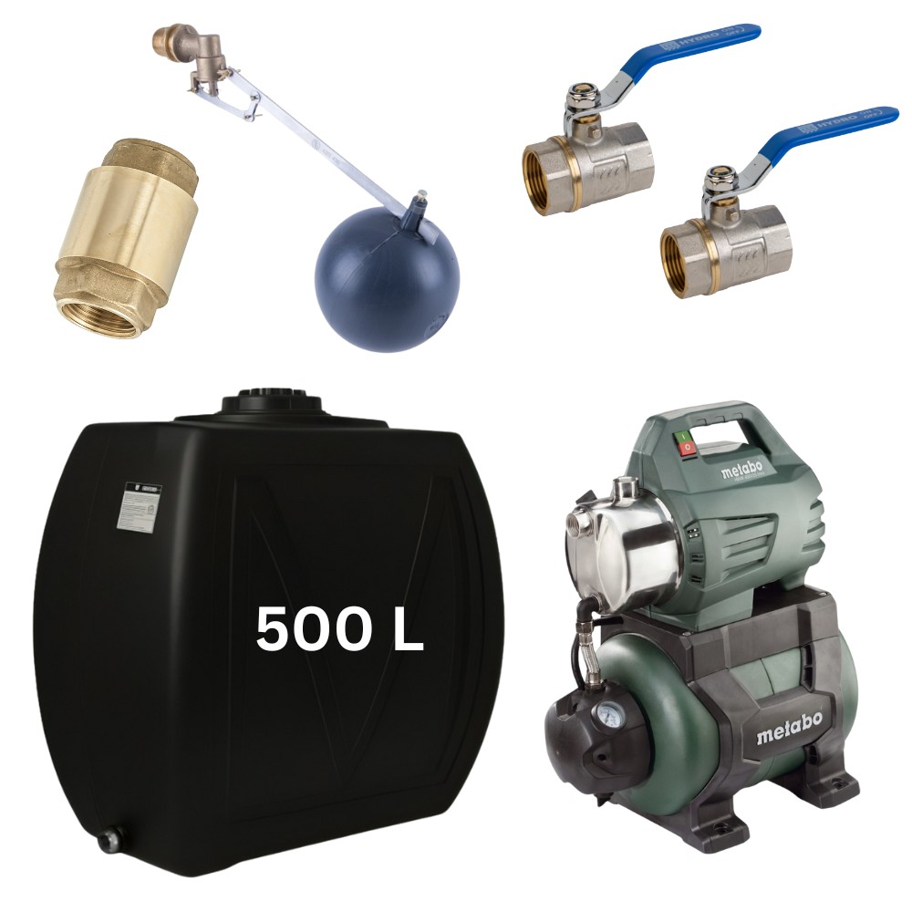 Kit „Trinkwasser 500L“ mit Wassertank Narrow Mavil (Schwarz) und Hauswasserwerk Metabo | Trinkwassertanks |  |