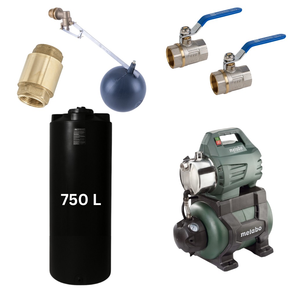 Kit „Trinkwasser 750L“ mit Wassertank Mavil (schwarz, zylindrisch) und Hydrophorpumpe Metabo | Trinkwassertanks |  |