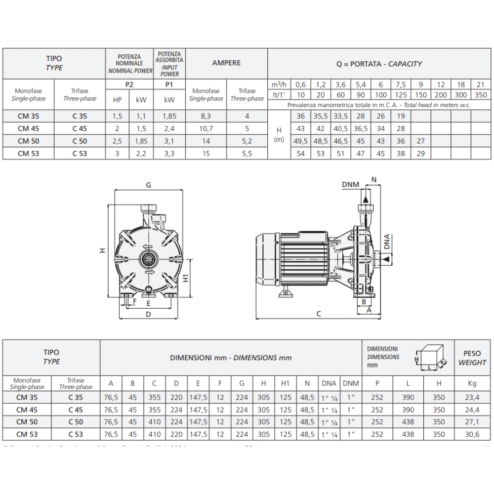 Einphasige Kreiselpumpe Speroni CM 45 – Leistung 1,5 kW, Förderhöhe 43 m, Fördermenge 125 l/min | Elektrische Wasserpumpen | Wasserpumpen |