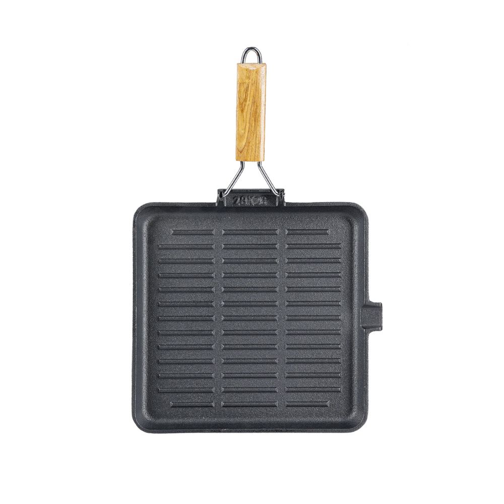 Grillpfanne Gusseisen mit klappbarem Holzgriff, 28x28 cm | Grillpfanne Gusseisen | Gusseisenpfanne |