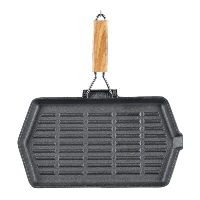 Grillpfanne Gusseisen mit klappbarem Holzgriff, 35x21 cm - Gusseisenpfanne