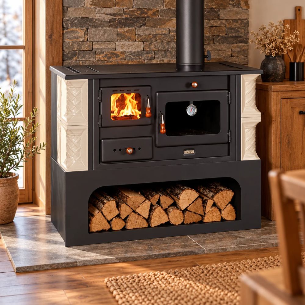 Küchenofen / Küchenhexe mit Backofen und Kochplatte Prity, Modell 1P34-K Alba Rechts, Keramikverkleidung, Leistung 10.1kW | Küchenofen / Küchenhexe |  |