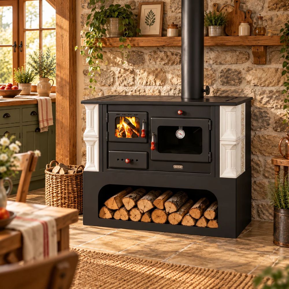 Küchenofen / Küchenhexe mit Backofen und Kochplatte Prity, Modell 1P34-K Dantela Rechts, Keramikverkleidung, Leistung 10.1kW | Küchenofen / Küchenhexe |  |