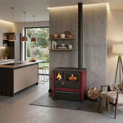 Kaminofen, Holzofen mit Backfach Prity GT D mit Glaskeramik-Kochfeld und Edelstahl-Backfach, Bordeaux, 10,9 kW - Produktvergleich