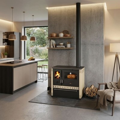 Kaminofen, Holzofen mit Backfach Prity GT D mit Glaskeramik-Kochfeld und Edelstahl-Backfach, Elfenbein, 10,9 kW - Produktvergleich