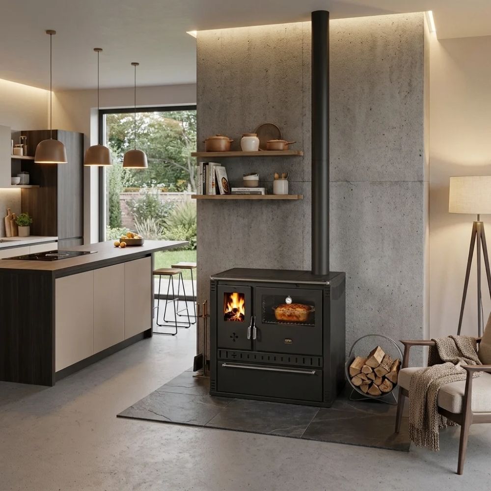 Wood Cooker Stove with Back Boiler Prity GT W10 NF with Ceramic Glass Hob, Black, 13.3kW |  |  |