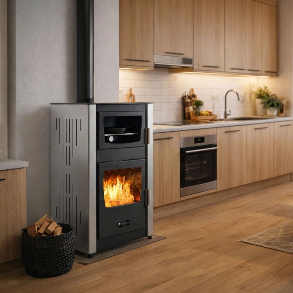 Kaminofen, Holzofen Wasserführend mit Backfach Velmora Fire ATS HYDRO ΜΑSΙΝΑ 90-25 Grau, 25kW | Holzofen | Kaminofen |