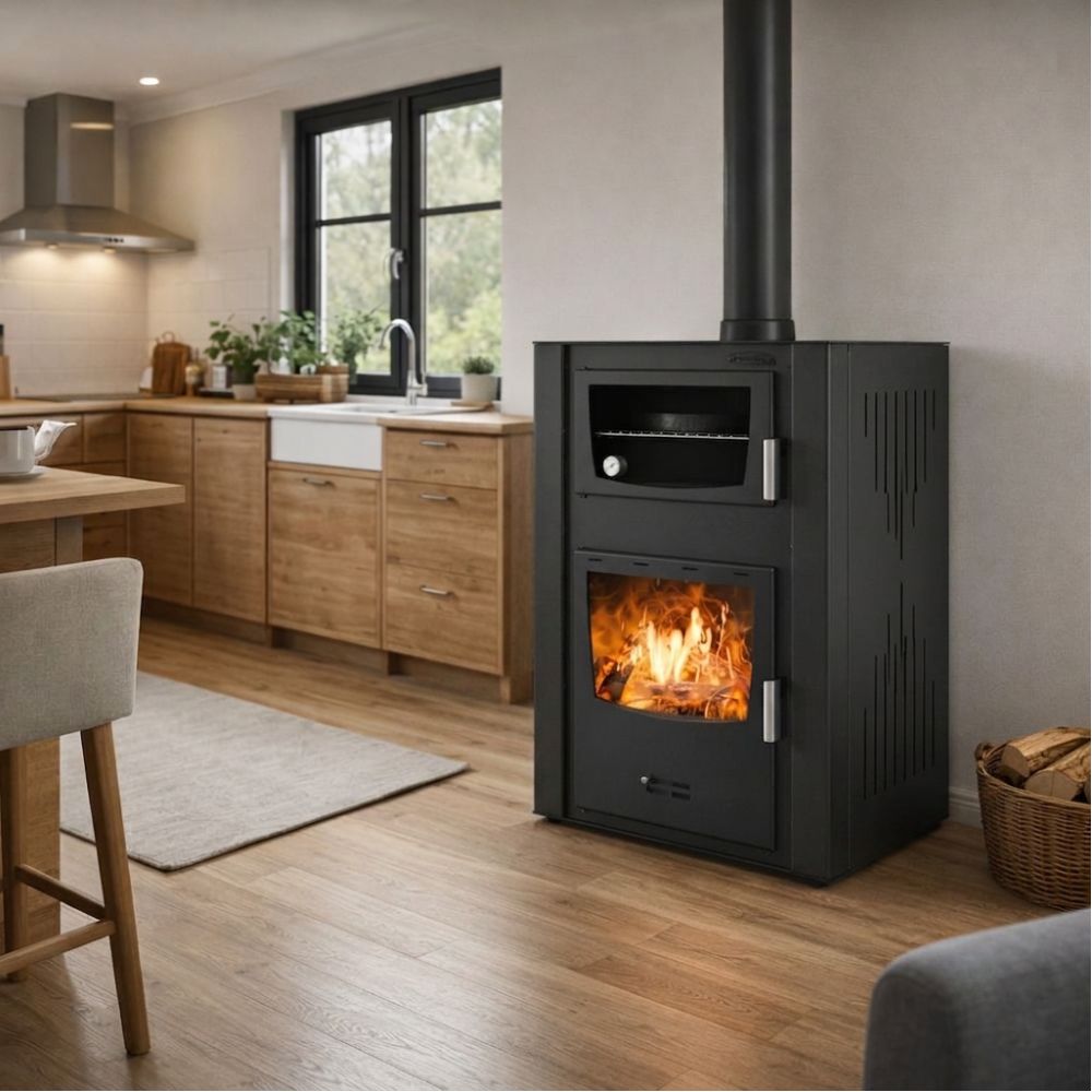 Kaminofen, Holzofen Wasserführend mit Backfach Velmora Fire ATS HYDRO ΜΑSΙΝΑ 90-30 Schwarz, 35kW | Holzofen | Kaminofen |