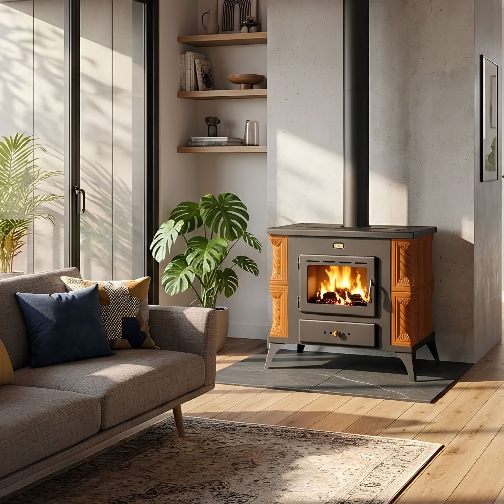 Kaminofen, Holzofen Prity, Modell K1 RK Haselnuss, Leistung 9kW, Keramikverkleidung, Füße | Holzofen | Kaminofen |