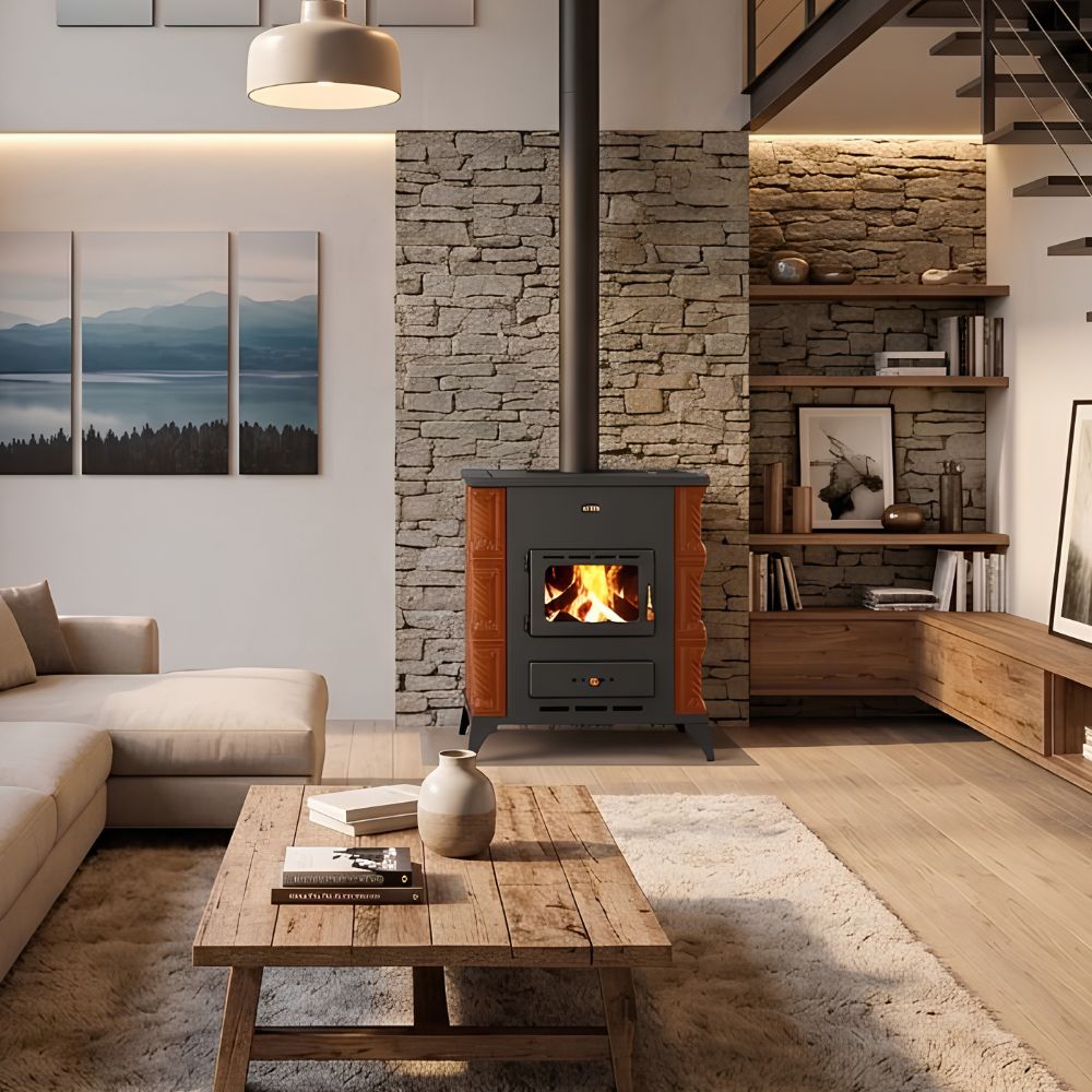 Kaminofen, Holzofen Prity, Modell K2 RK Braun, Leistung 10kW, Keramikverkleidung, Füße | Holzofen | Kaminofen |