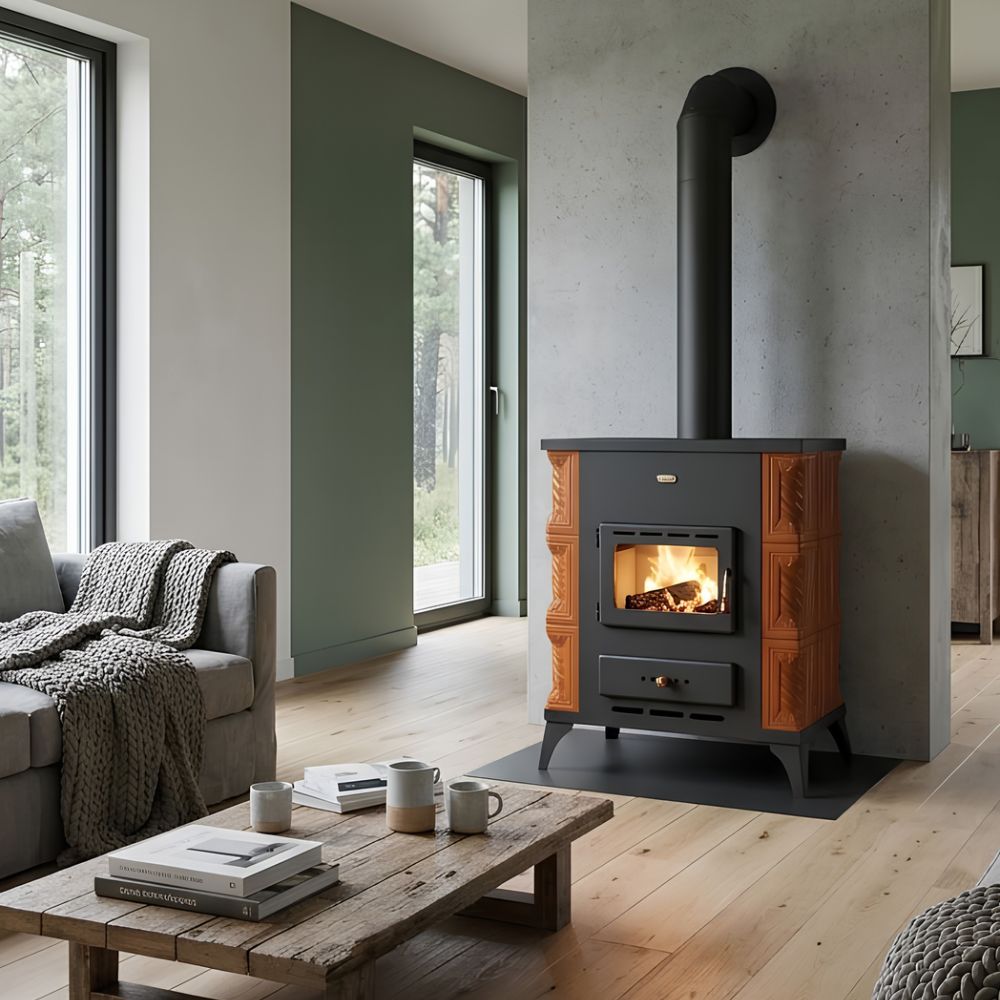 Kaminofen, Holzofen Prity, Modell K2 RK Haselnuss, Leistung 10kW, Keramikverkleidung, Füße | Holzofen | Kaminofen |