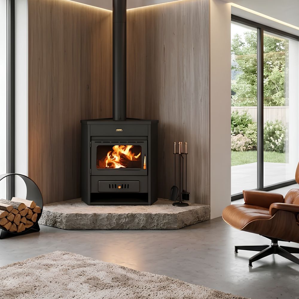 Kaminofen, Holzofen Wasserführend Prity, Modell AM W12, Leistung 13.5kW, Eckplatzierung | Wasserführender kaminofen | Kaminofen |