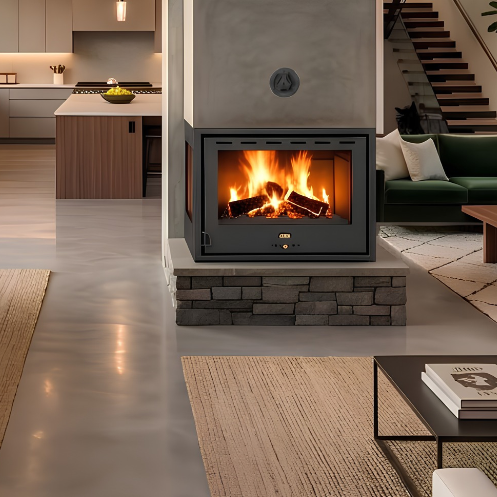 Kamineinsatz, Kamin Prity, Modell PS2, Links, Leistung 10.3kW, Eckplatzierung, Panoramablick | Kamin | Kamineinsatz |