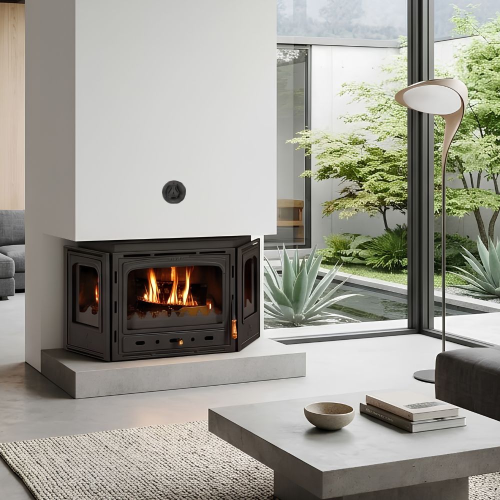 Kamineinsatz Wasserführend, Kamin Prity, Modell ATC W20, Leistung 26.1kW, Eckplatzierung, Gusseisentür | Kamineinsatz Wasserführend | Kamin |