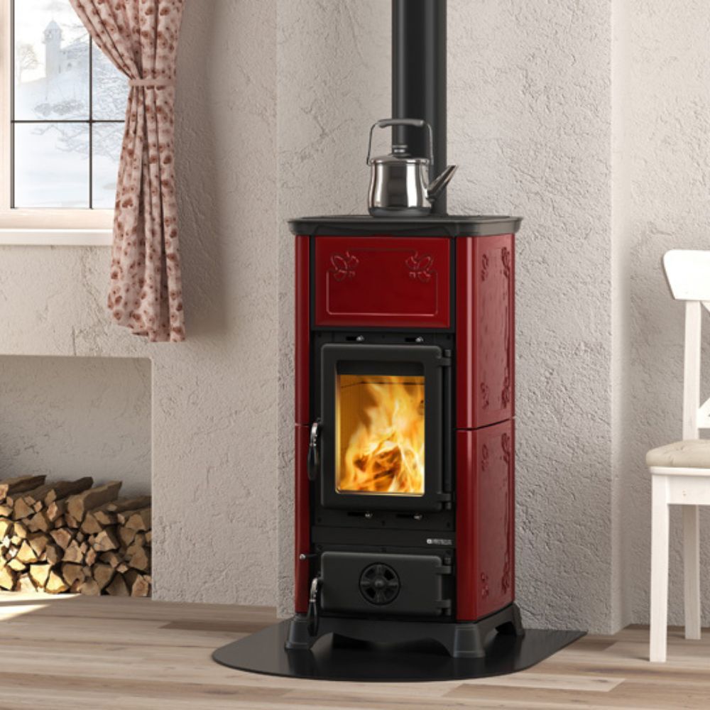 Italienischer Kaminofen, Holzofen mit Kochplatte La Nordica Emiliana, Rot, 6.5kW | Holzofen | Kaminofen |