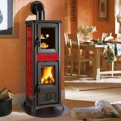 Italienischer Kaminofen, Holzofen mit Backfach La Nordica Gemma Forno Rot, 7.3kW - Küchenofen / Küchenhexe