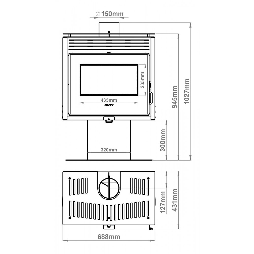 Holzofen Prity, Modell PM3L E, Leistung 10.8kW, mit Standfuß, Panoramablick | Kaminofen Prity | Kaminofen |