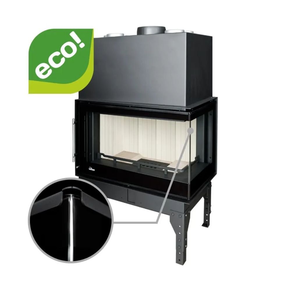 Kamin UNIFLAM 860 EVO PBS mit Luftkanälen und Luftzufuhr, gebogenes Glas, rechte Seite, 15 kW | Kamineinsatz | Kamin |