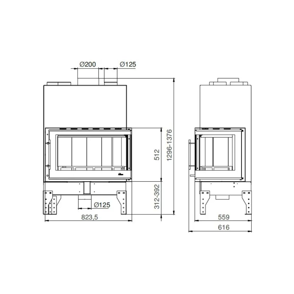 Kamin UNIFLAM 860 EVO PBS mit Luftkanälen und Luftzufuhr, gebogenes Glas, rechte Seite, 15 kW | Kamineinsatz | Kamin |