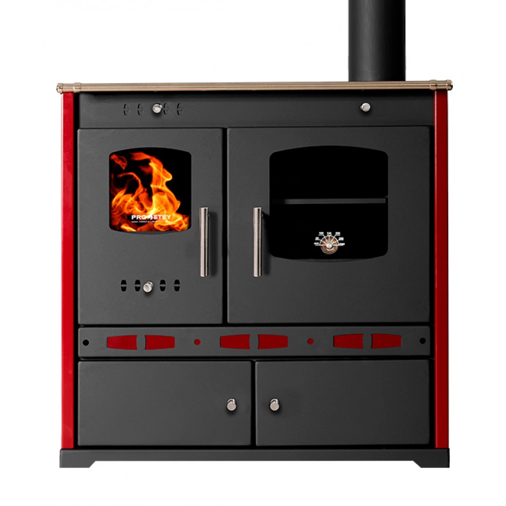 Küchenofen / Küchenhexe Prometey Perfect Eco Lux mit rechtem Kamin, burgunderrot, 7.1kW | Kaminofen - Holzofen mit Backfach | Kaminofen |