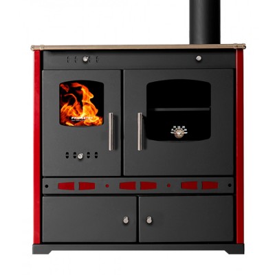 Küchenofen / Küchenhexe Prometey Perfect Eco Lux mit rechtem Kamin, burgunderrot, 7.1kW - Kaminofen - Holzofen mit Backfach