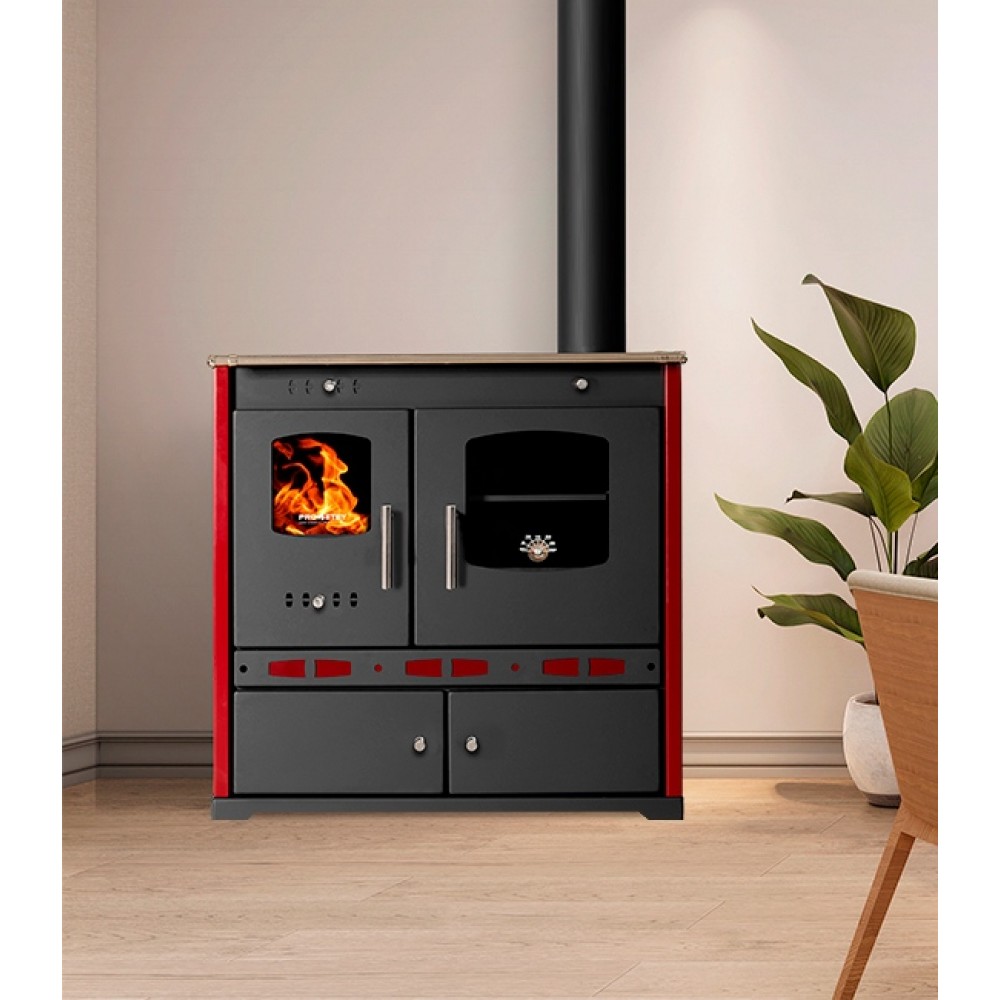 Küchenofen / Küchenhexe Prometey Perfect Eco Lux mit rechtem Kamin, burgunderrot, 7.1kW | Kaminofen - Holzofen mit Backfach | Kaminofen |