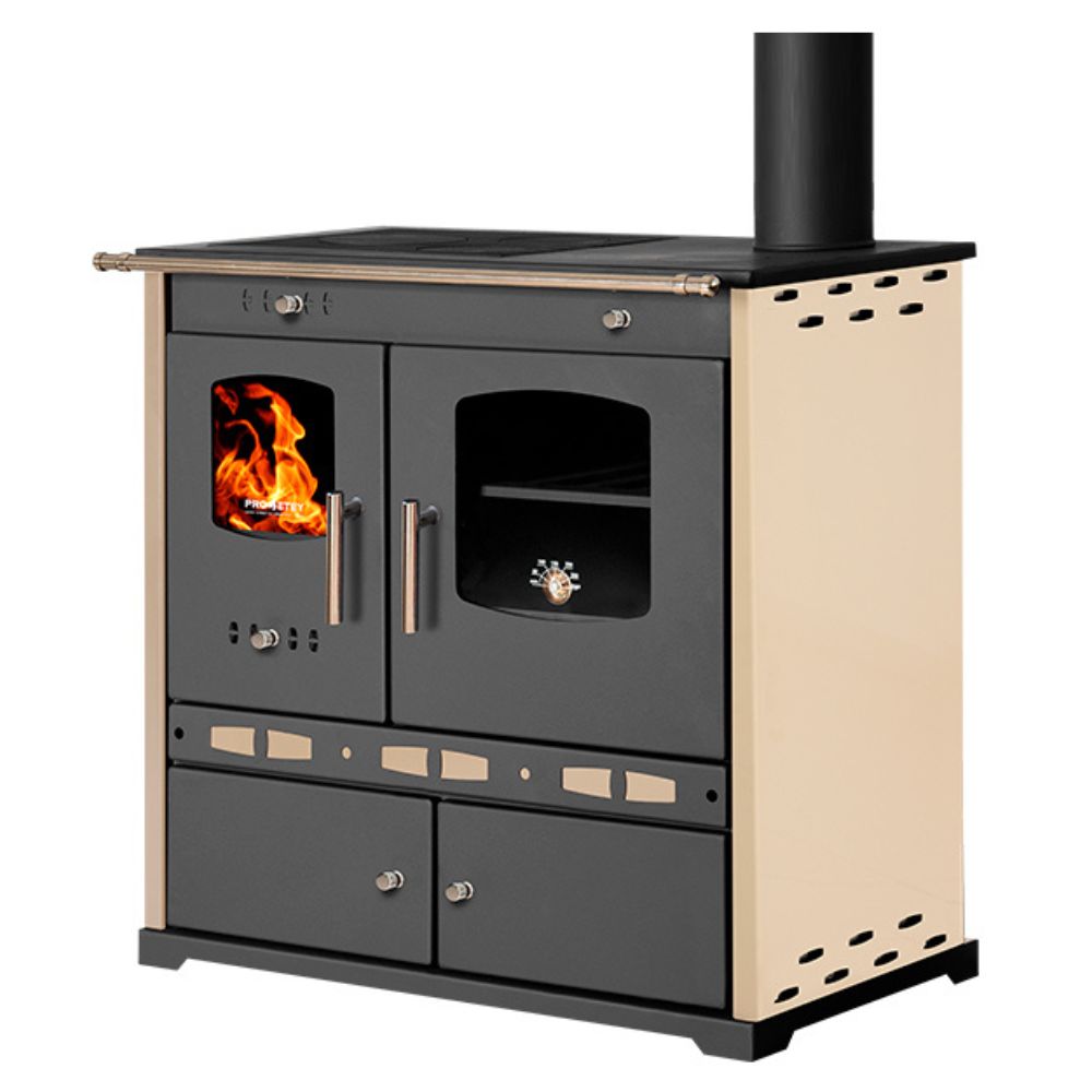 Küchenofen / Küchenhexe Prometey Perfect Eco Lux mit rechtem Abzug, Elfenbein, 7.1kW | Kaminofen - Holzofen mit Backfach | Kaminofen |