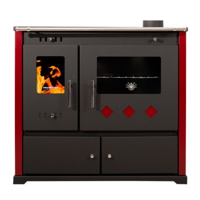Küchenofen / Küchenhexe Prometey Practik Lux mit Cerankochfeld, Rauchabzug rechts, burgund, 9.5kW - Kaminofen - Holzofen mit Backfach