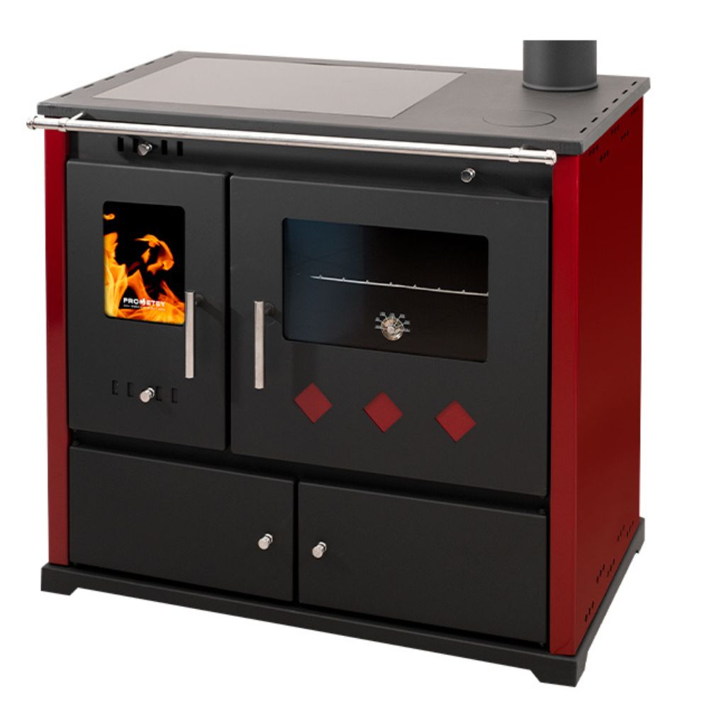 Küchenofen / Küchenhexe Prometey Practik Lux mit Cerankochfeld, Rauchabzug rechts, burgund, 9.5kW | Kaminofen - Holzofen mit Backfach | Kaminofen |
