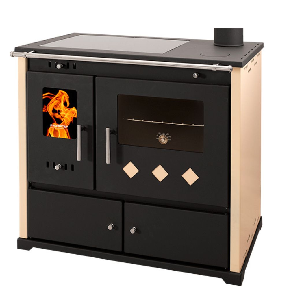 Küchenofen / Küchenhexe Prometey Practik Lux mit Cerankochfeld, Rauchabzug rechts, elfenbein, 9.5kW | Kaminofen - Holzofen mit Backfach | Kaminofen |