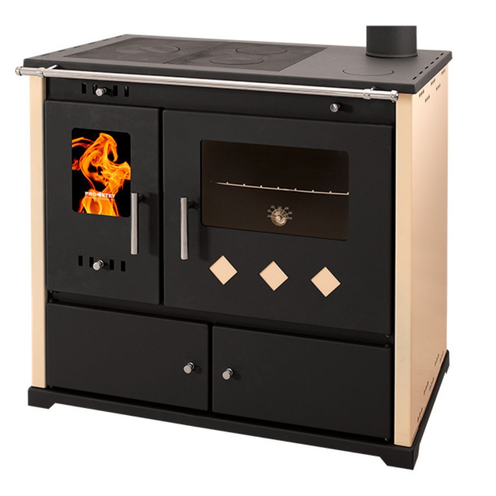 Küchenofen / Küchenhexe Prometey Practik Lux, Elfenbein, rechter Kamin, 9.5kW | Kaminofen - Holzofen mit Backfach | Kaminofen |
