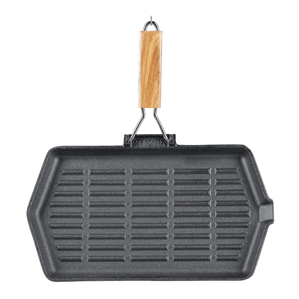 Grillpfanne Gusseisen mit klappbarem Holzgriff, 35x21 cm | Grillpfanne Gusseisen | Gusseisenpfanne |