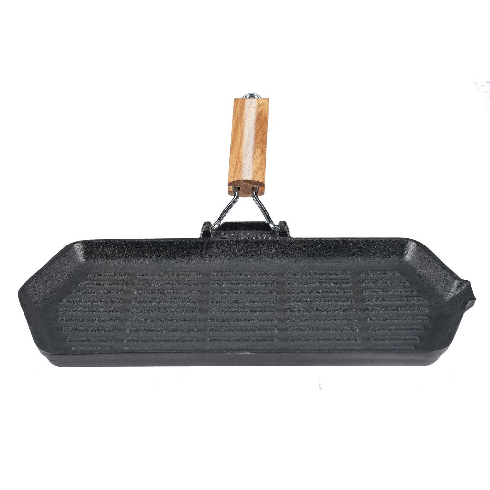 Grillpfanne Gusseisen mit klappbarem Holzgriff, 35x21 cm | Grillpfanne Gusseisen | Gusseisenpfanne |