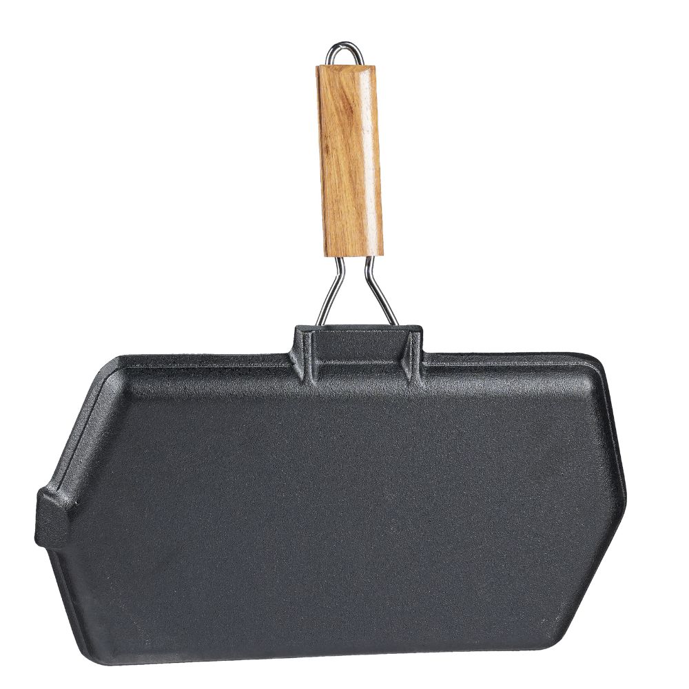 Grillpfanne Gusseisen mit klappbarem Holzgriff, 35x21 cm | Grillpfanne Gusseisen | Gusseisenpfanne |