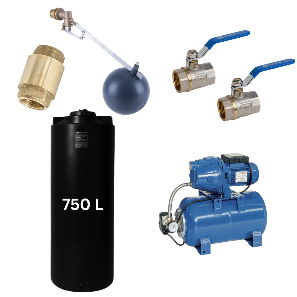 Kit „Trinkwasser 750L“ mit Wassertank Mavil (schwarz, zylindrisch) und Hydrophorpumpe Metabo | Trinkwassertanks Kit „Trinkwasser 750L“ mit Wassertank Mavil (schwarz, zylindrisch) und Hydrophorpumpe Metabo | Trinkwassertanks |  |