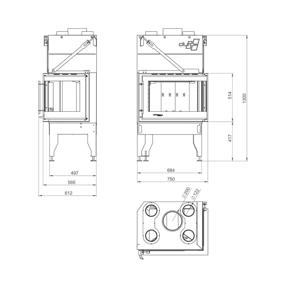 Kamin UNIFLAM 760 DURO mit Luftkanälen und Luftzufuhr, rechte Seite, 10,8 kW | Kamineinsatz | Kamin |