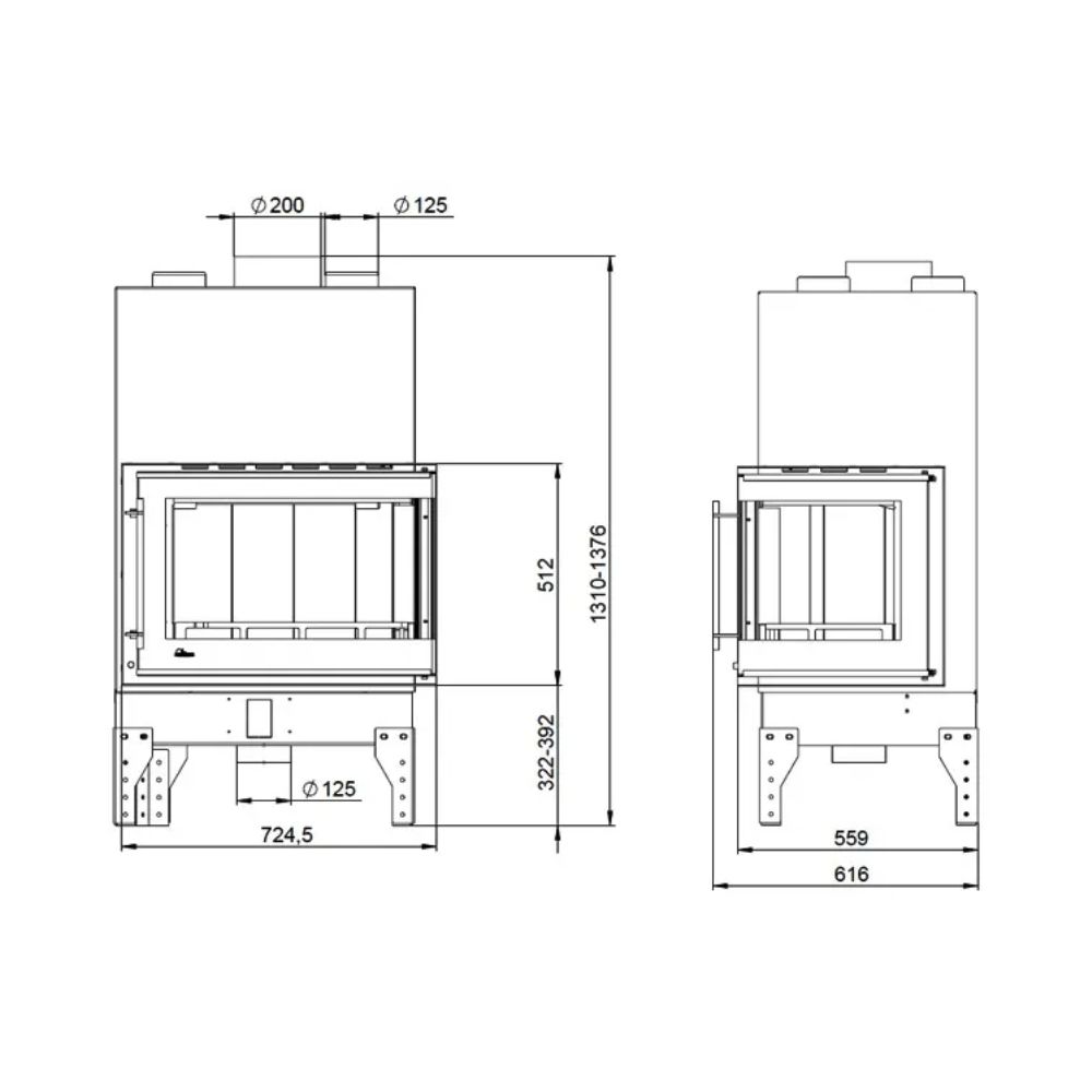 Kamin UNIFLAM 760 EVO PBS mit Luftkanälen und Luftzufuhr, gebogenes Glas, linke Seite, 10 kW | Kamineinsatz Modern | Kamin |