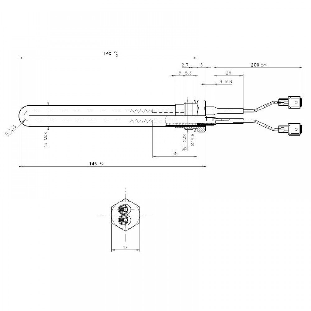 Glühzünder / Zünder für Pelletofen Palladio, Gesamtlänge 145mm, 250W | Glühzünder Pelletofen | Pelletofen Ersatzteile |