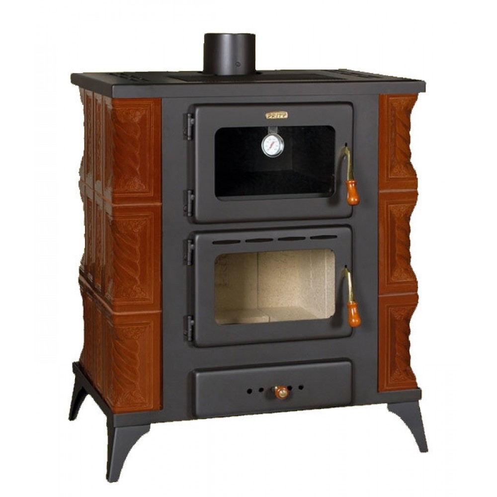Kaminofen, Holzofen mit Backfach Prity, Modell FMS RK Braun, Leistung 12kW, Keramikverkleidung, Füße