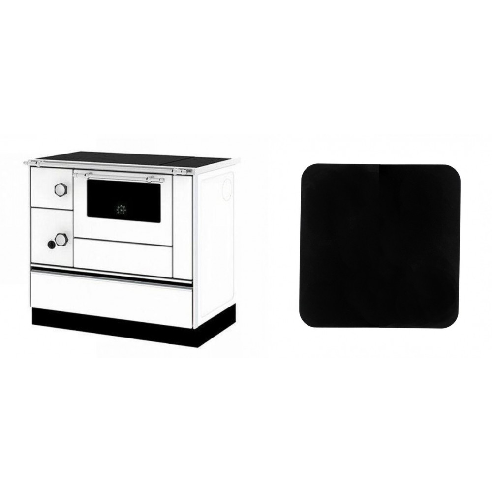 Set Küchenofen / Küchenhexe mit Backofen und Kochplatte Alfa Plam, Modell Alfa 90 H Favorit Weiß Rechts, Leistung 6.4kW + Funkenschutzplatte Stahl 2mm, Größe 98x98cm