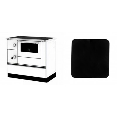 Set Küchenofen / Küchenhexe mit Backofen und Kochplatte Alfa Plam, Modell Alfa 90 H Favorit Weiß Rechts, Leistung 6.4kW + Funkenschutzplatte Stahl 2mm, Größe 98x98cm - Kaminofen - Holzofen mit Backfach