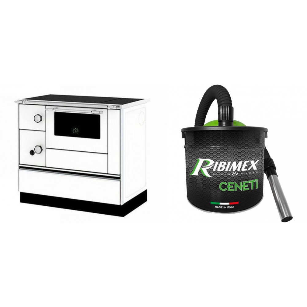 Set Küchenofen / Küchenhexe mit Backofen und Kochplatte Alfa Plam, Modell Alfa 90 H Favorit Weiß Rechts, Leistung 6.4kW + Elektrischer Aschesauger Ribimex, Modell Cenetì, Fassungsvermögen 15 L