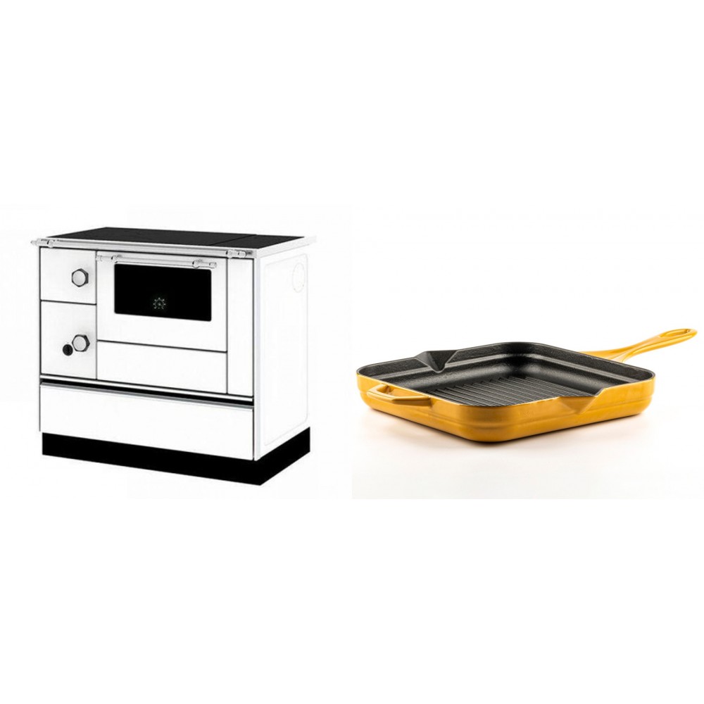 Set Küchenofen / Küchenhexe mit Backofen und Kochplatte Alfa Plam, Modell Alfa 90 H Favorit Weiß Rechts, Leistung 6.4kW + Emaillierte grillpfanne Gusseisen Solagio, Dijon, 28х28cm