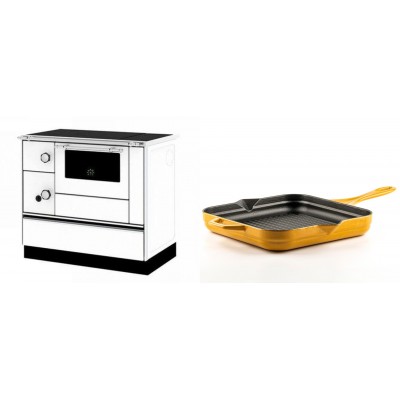 Set Küchenofen / Küchenhexe mit Backofen und Kochplatte Alfa Plam, Modell Alfa 90 H Favorit Weiß Rechts, Leistung 6.4kW + Emaillierte grillpfanne Gusseisen Solagio, Dijon, 28х28cm - Kaminofen - Holzofen mit Backfach