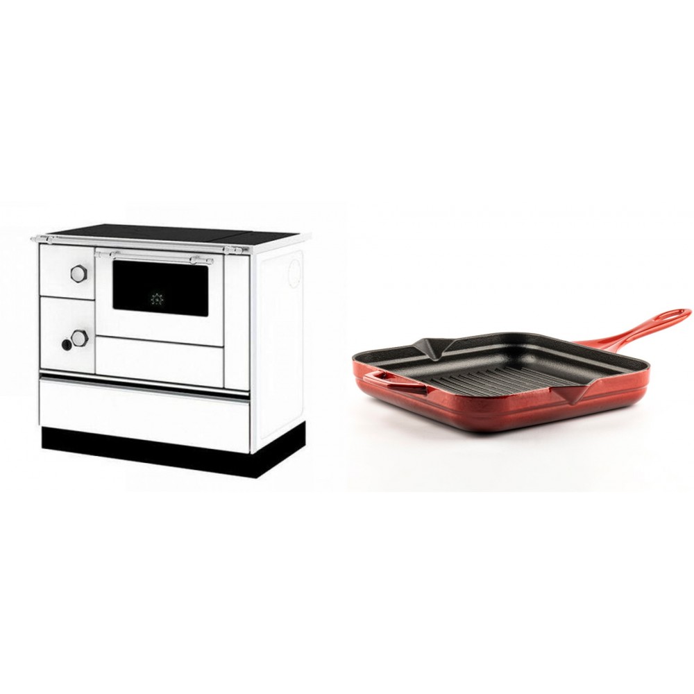 Set Küchenofen / Küchenhexe mit Backofen und Kochplatte Alfa Plam, Modell Alfa 90 H Favorit Weiß Rechts, Leistung 6.4kW + Emaillierte grillpfanne Gusseisen Solagio, Rubin, 28x28cm