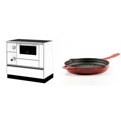 Set Küchenofen / Küchenhexe mit Backofen und Kochplatte Alfa Plam, Modell Alfa 90 H Favorit Weiß Rechts, Leistung 6.4kW + Emaillierte grillpfanne Gusseisen Solagio, Rubin, Ф28cm - Kaminofen - Holzofen mit Backfach