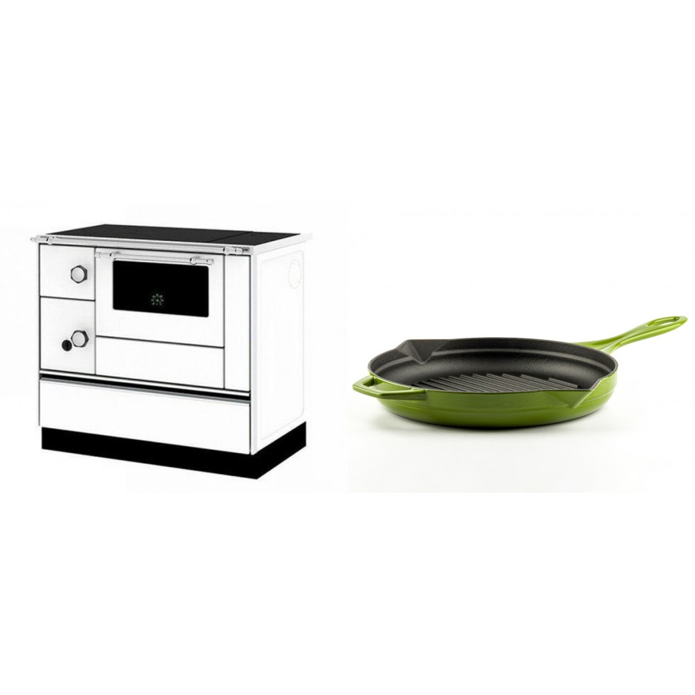 Set Küchenofen / Küchenhexe mit Backofen und Kochplatte Alfa Plam, Modell Alfa 90 H Favorit Weiß Rechts, Leistung 6.4kW + Emaillierte grillpfanne Gusseisen Solagio, Bamboo, Ф28cm | Kaminofen - Holzofen mit Backfach | Kaminofen |